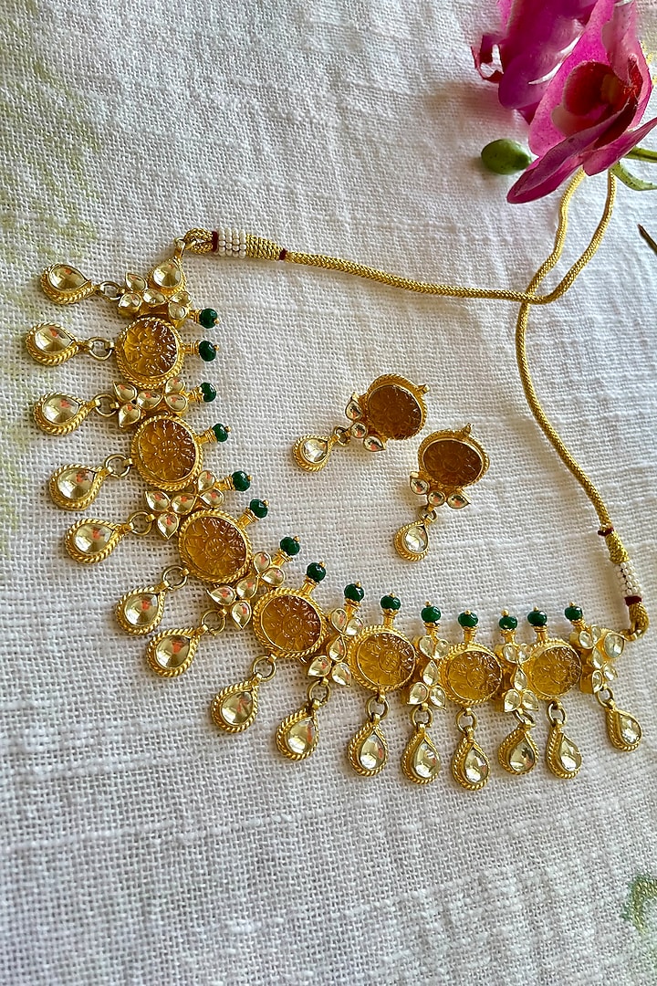 Gold Finish Kundan Polki & Yellow Motif Choker Necklace Set by Autumn Poppy at Pernia's Pop Up Shop