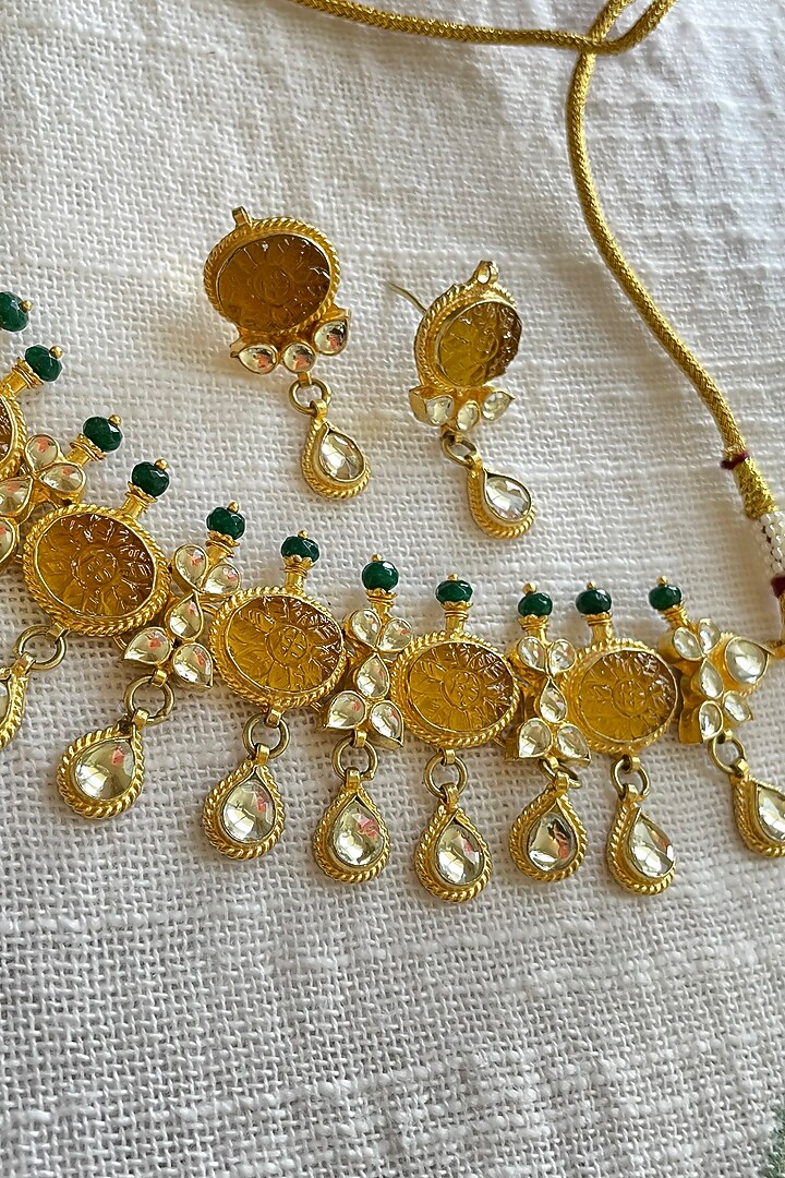 Gold Finish Kundan Polki & Yellow Motif Choker Necklace Set by Autumn Poppy at Pernia's Pop Up Shop