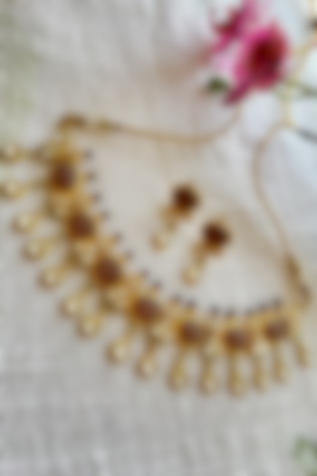 Gold Finish Kundan Polki & Pearl Choker Necklace Set by Autumn Poppy at Pernia's Pop Up Shop