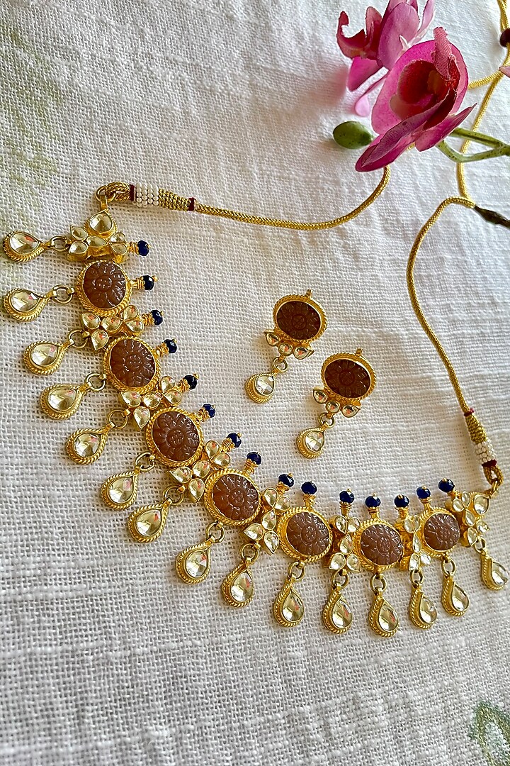 Gold Finish Kundan Polki & Pearl Choker Necklace Set by Autumn Poppy at Pernia's Pop Up Shop