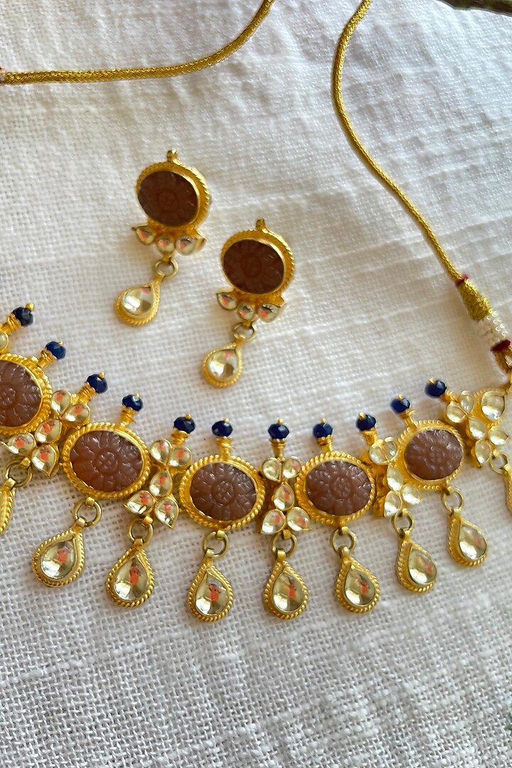Gold Finish Kundan Polki & Pearl Choker Necklace Set by Autumn Poppy at Pernia's Pop Up Shop
