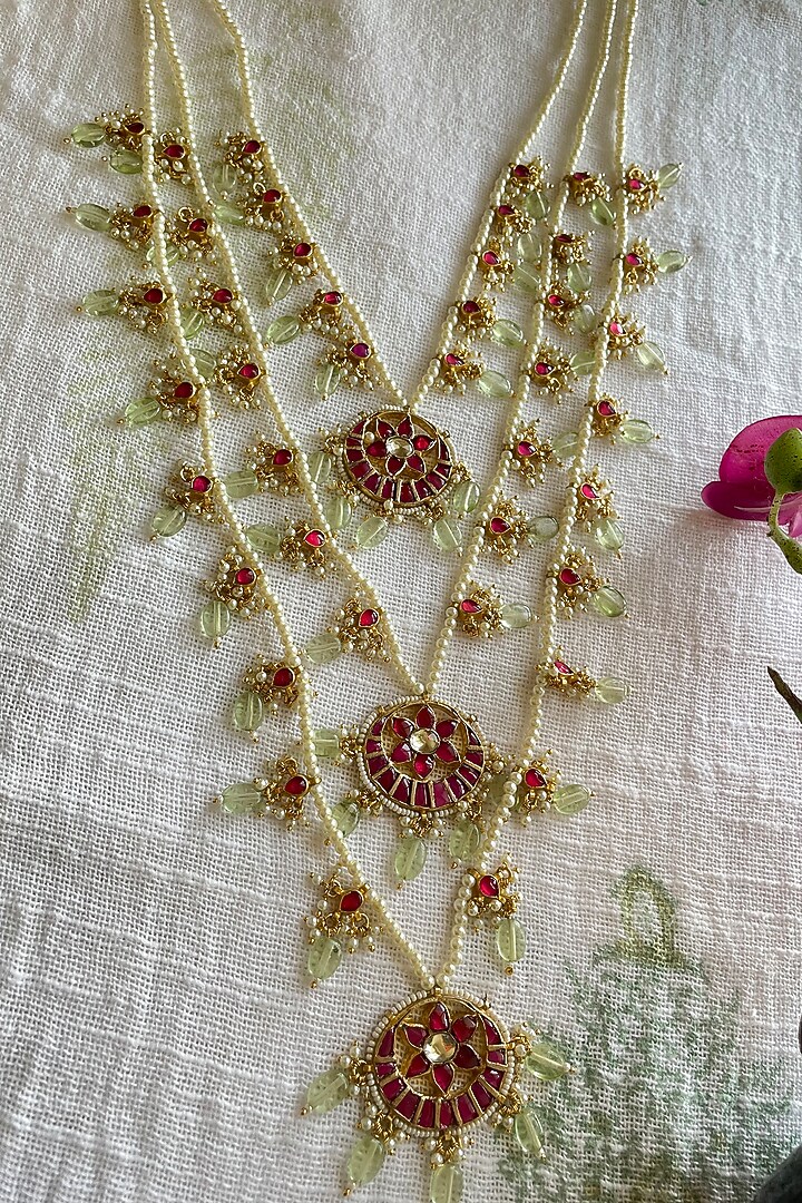Gold Finish Kundan Polki & Beaded Long Necklace by Autumn Poppy at Pernia's Pop Up Shop