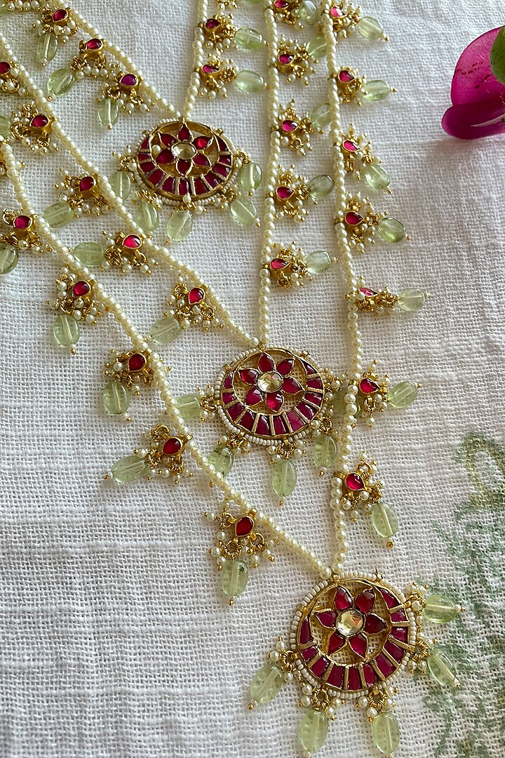 Gold Finish Kundan Polki & Beaded Long Necklace by Autumn Poppy at Pernia's Pop Up Shop