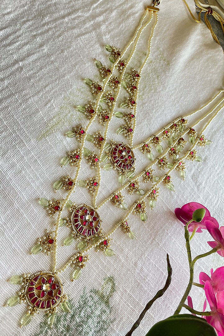 Gold Finish Kundan Polki & Beaded Long Necklace by Autumn Poppy at Pernia's Pop Up Shop