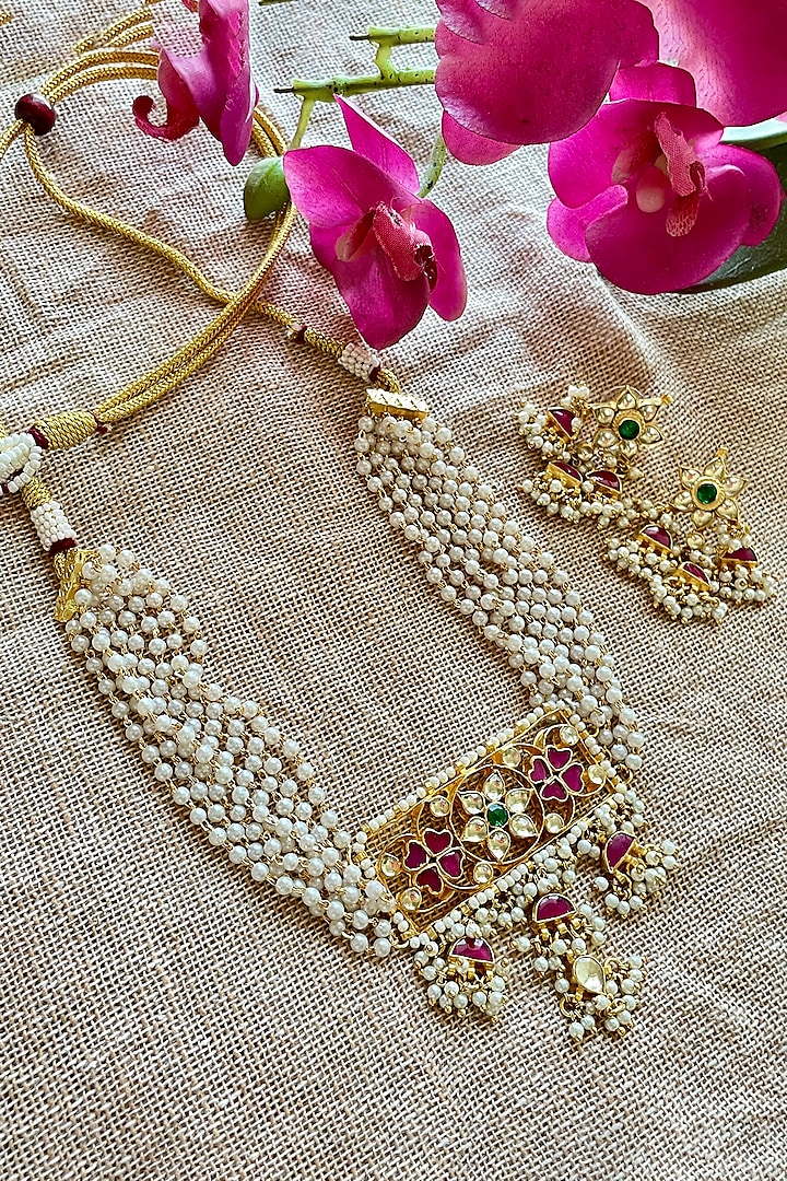 Gold Finish Kundan Polki & Pearl Choker Necklace Set by Autumn Poppy at Pernia's Pop Up Shop