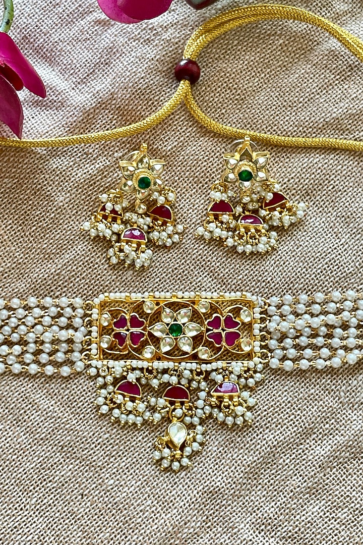 Gold Finish Kundan Polki & Pearl Choker Necklace Set by Autumn Poppy at Pernia's Pop Up Shop