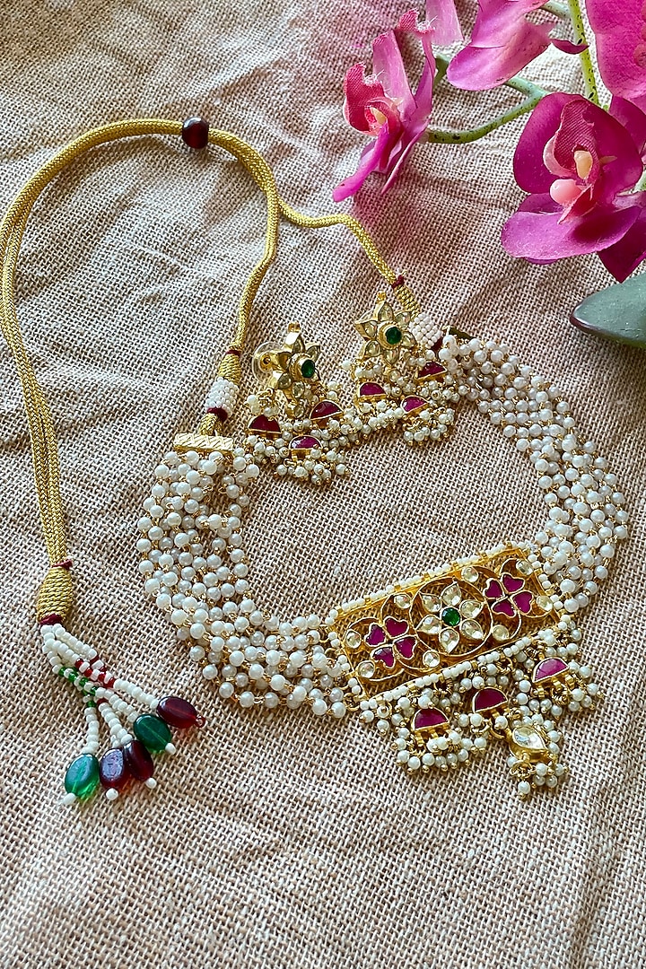 Gold Finish Kundan Polki & Pearl Choker Necklace Set by Autumn Poppy at Pernia's Pop Up Shop