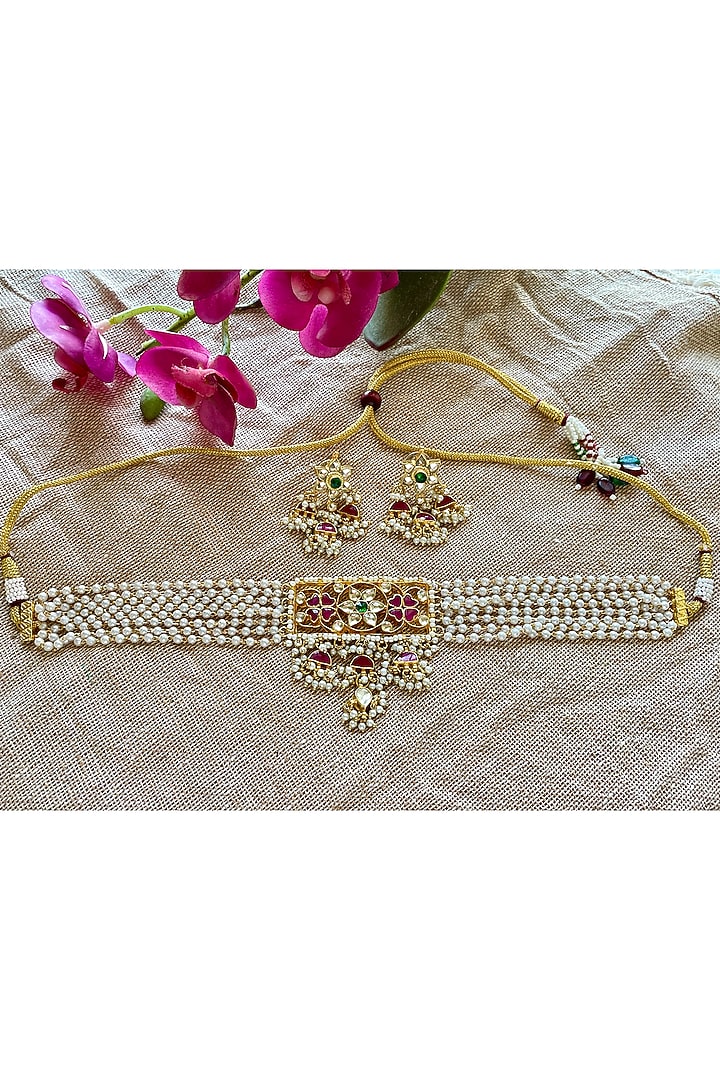 Gold Finish Kundan Polki & Pearl Choker Necklace Set by Autumn Poppy at Pernia's Pop Up Shop