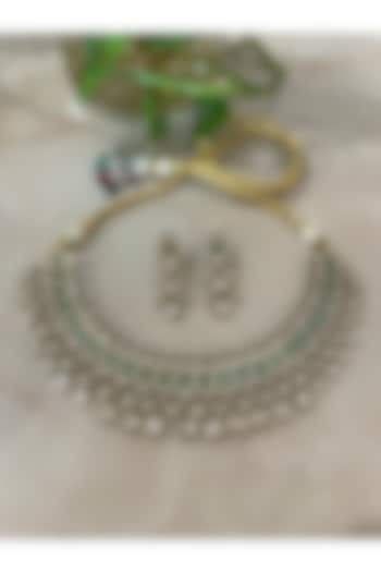 Gold Finish Kundan Polki & Emerald Stone Necklace Set by Autumn Poppy