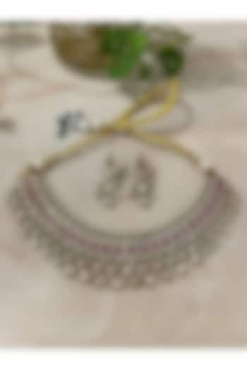 Gold Finish Kundan Polki & Fuchsia Stone Necklace Set by Autumn Poppy