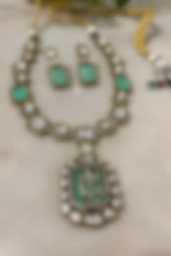 Gold Finish Kundan Polki & Emerald Stone Long Necklace Set by Autumn Poppy