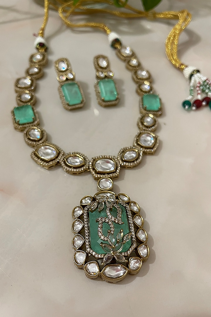 Gold Finish Kundan Polki & Emerald Stone Long Necklace Set by Autumn Poppy