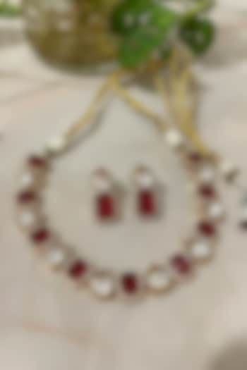 Gold Finish Kundan Polki & Ruby Stone Necklace Set by Autumn Poppy