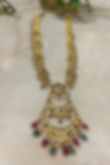 Gold Finish Kundan Polki & Multi-Colored Stone Long Necklace by Autumn Poppy