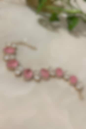 Gold Finish Kundan Polki & Blush Pink Quartz Stone Bracelet by Autumn Poppy