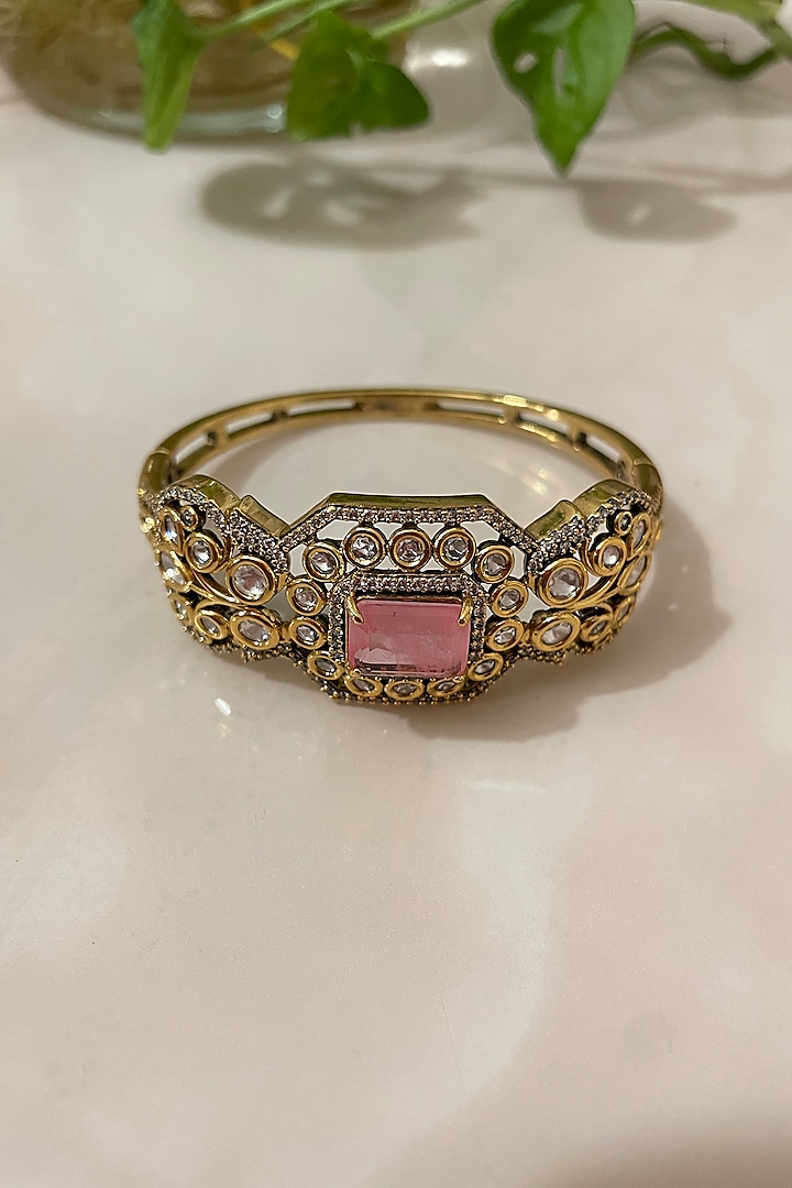 Gold Finish Pink Quartz Stone & Kundan Polki Cuff Bracelet by Autumn Poppy