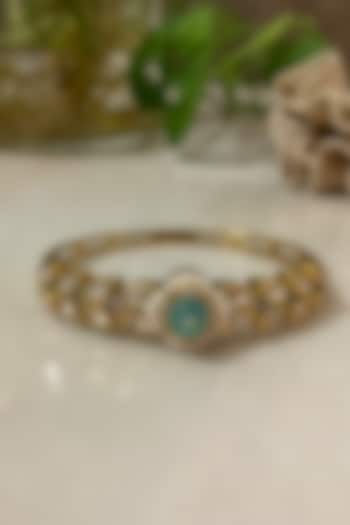 Gold Finish Kundan Polki & Aqua Green Stone Bracelet by Autumn Poppy