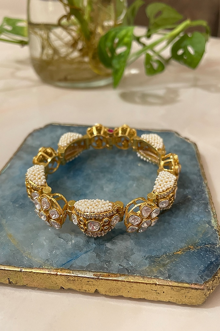 Gold Finish Kundan Polki & Pearl Bracelet by Autumn Poppy