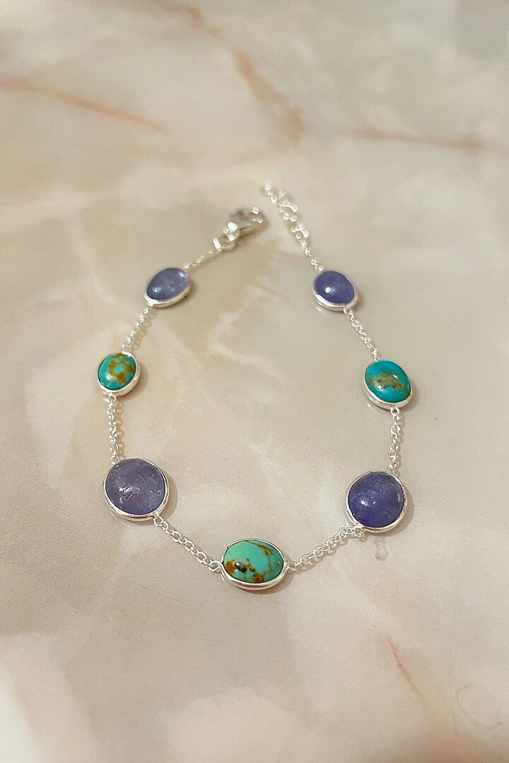 White Finish Turquoise Stone & Tourmaline Bracelet In Sterling Silver by Autumn Poppy at Pernia's Pop Up Shop