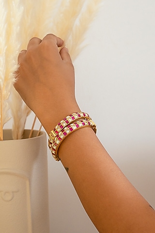 Gold Finish Kundan Polki & Ruby Stone Bangles (Set of 2) by Autumn Poppy