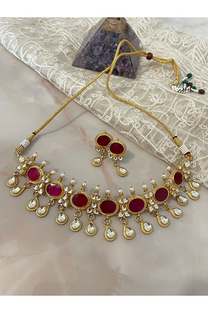 Gold Finish Red Gemstone & Pearl Necklace Set by Autumn Poppy