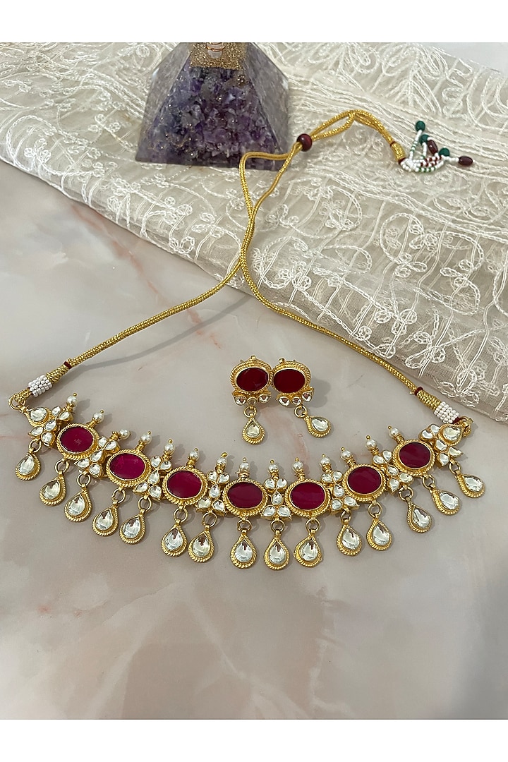 Gold Finish Red Gemstone & Pearl Necklace Set by Autumn Poppy at Pernia's Pop Up Shop