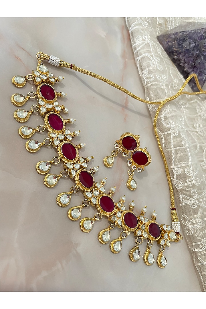 Gold Finish Red Gemstone & Pearl Necklace Set by Autumn Poppy at Pernia's Pop Up Shop