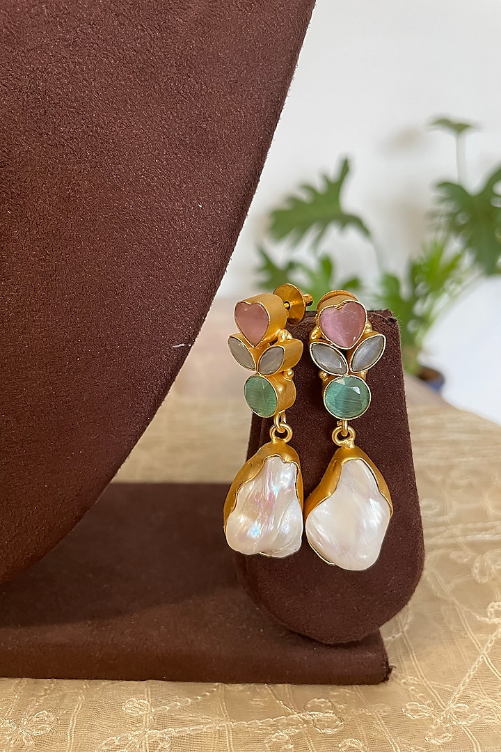 Gold Finish Gemstone & Baroque Pearl Dangler Earrings by Autumn Poppy