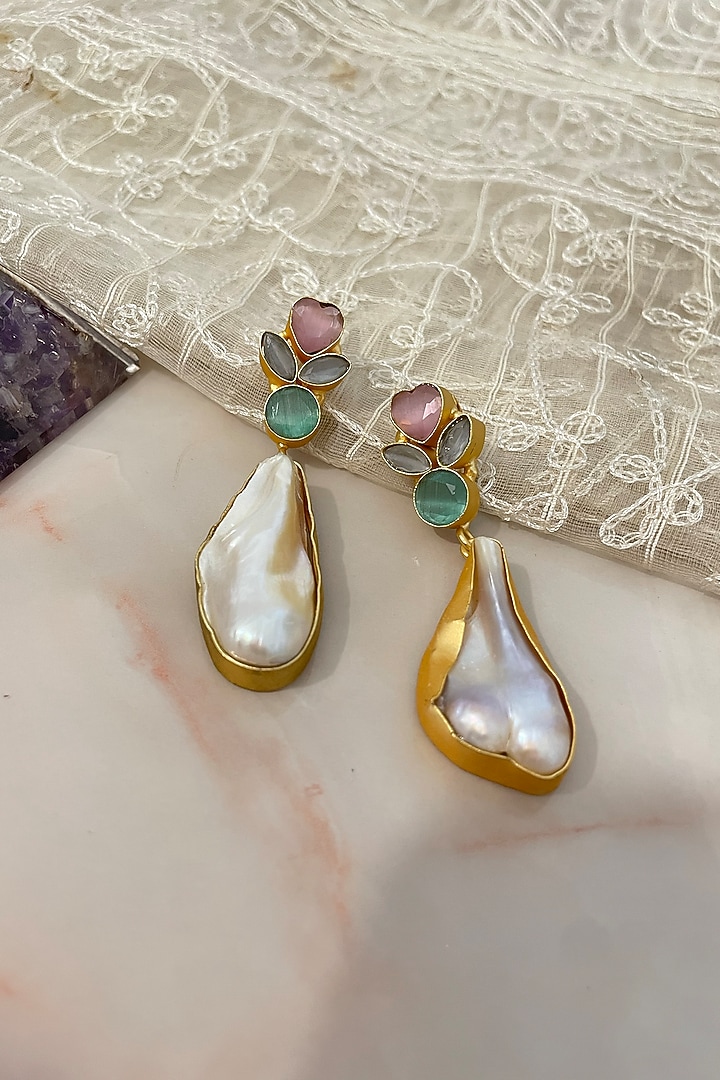 Gold Finish Gemstone & Baroque Pearl Dangler Earrings by Autumn Poppy at Pernia's Pop Up Shop