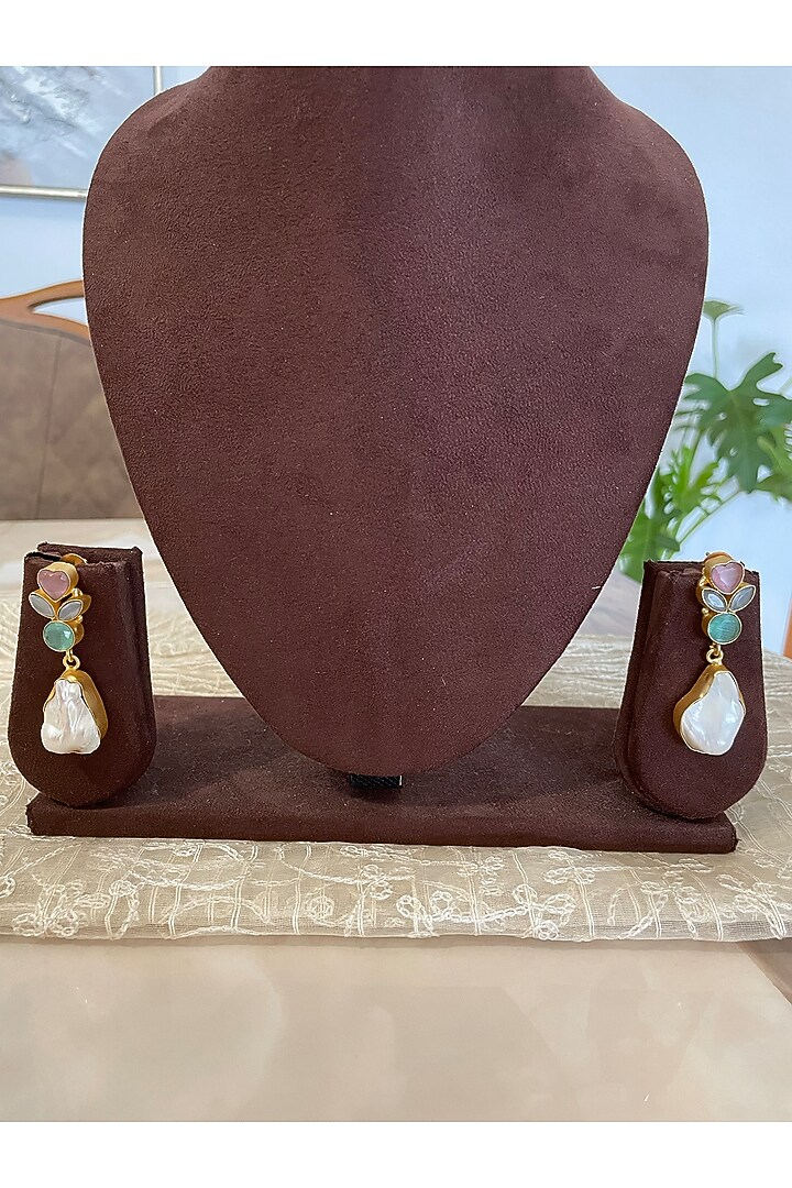 Gold Finish Gemstone & Baroque Pearl Dangler Earrings by Autumn Poppy at Pernia's Pop Up Shop