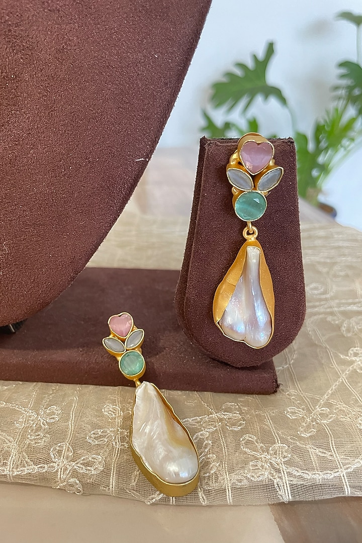 Gold Finish Gemstone & Baroque Pearl Dangler Earrings by Autumn Poppy at Pernia's Pop Up Shop