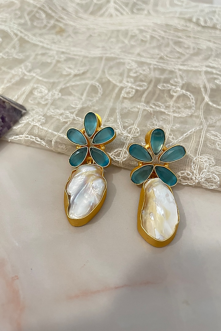 Gold Finish Gemstone & Pearl Dangler Earrings by Autumn Poppy at Pernia's Pop Up Shop