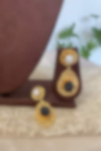 Gold Finish Onyx & Pearl Dangler Earrings by Autumn Poppy