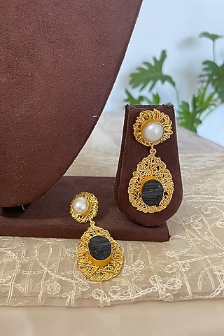Gold Finish Onyx & Pearl Dangler Earrings by Autumn Poppy