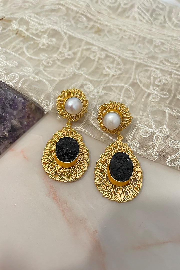 Gold Finish Onyx & Pearl Dangler Earrings by Autumn Poppy at Pernia's Pop Up Shop