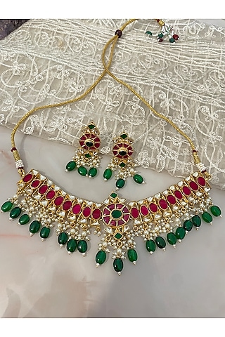 Gold Finish Gemstone & Pearl Necklace Set by Autumn Poppy