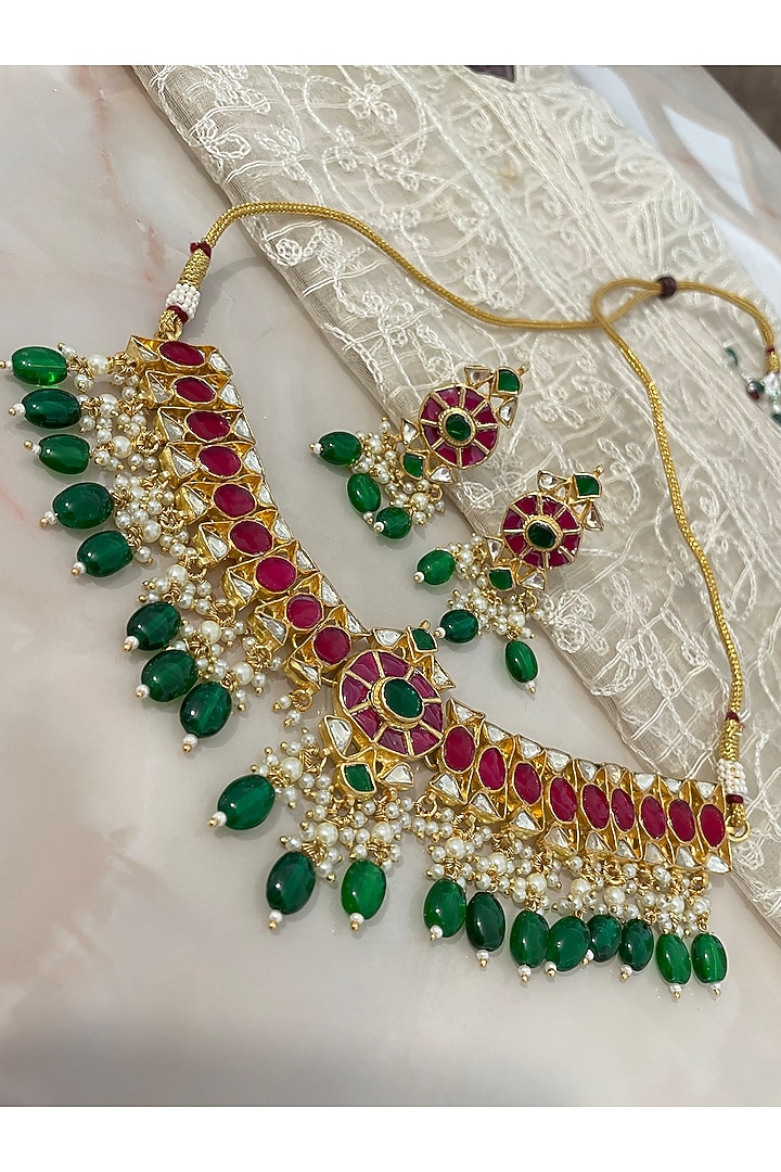 Gold Finish Gemstone & Pearl Necklace Set by Autumn Poppy at Pernia's Pop Up Shop