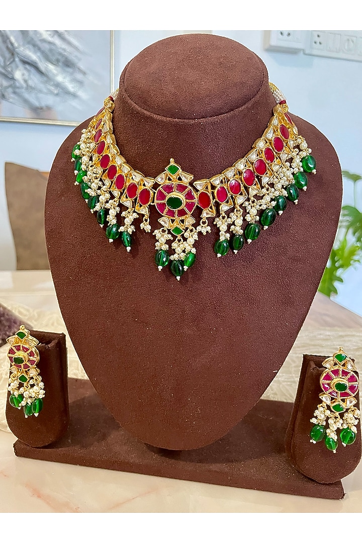 Gold Finish Gemstone & Pearl Necklace Set by Autumn Poppy at Pernia's Pop Up Shop
