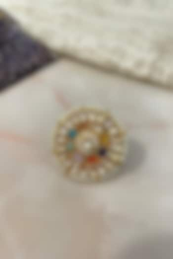 Gold Finish Kundan Polki & Pearl Openable Ring by Autumn Poppy at Pernia's Pop Up Shop