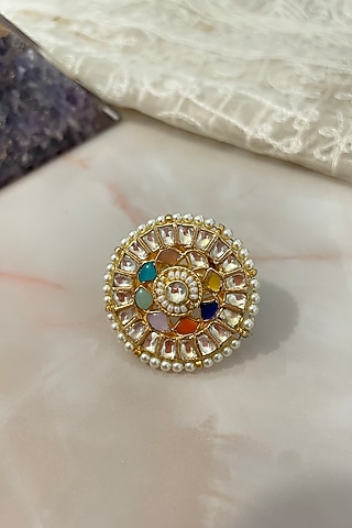 Gold Finish Kundan Polki & Pearl Openable Ring by Autumn Poppy