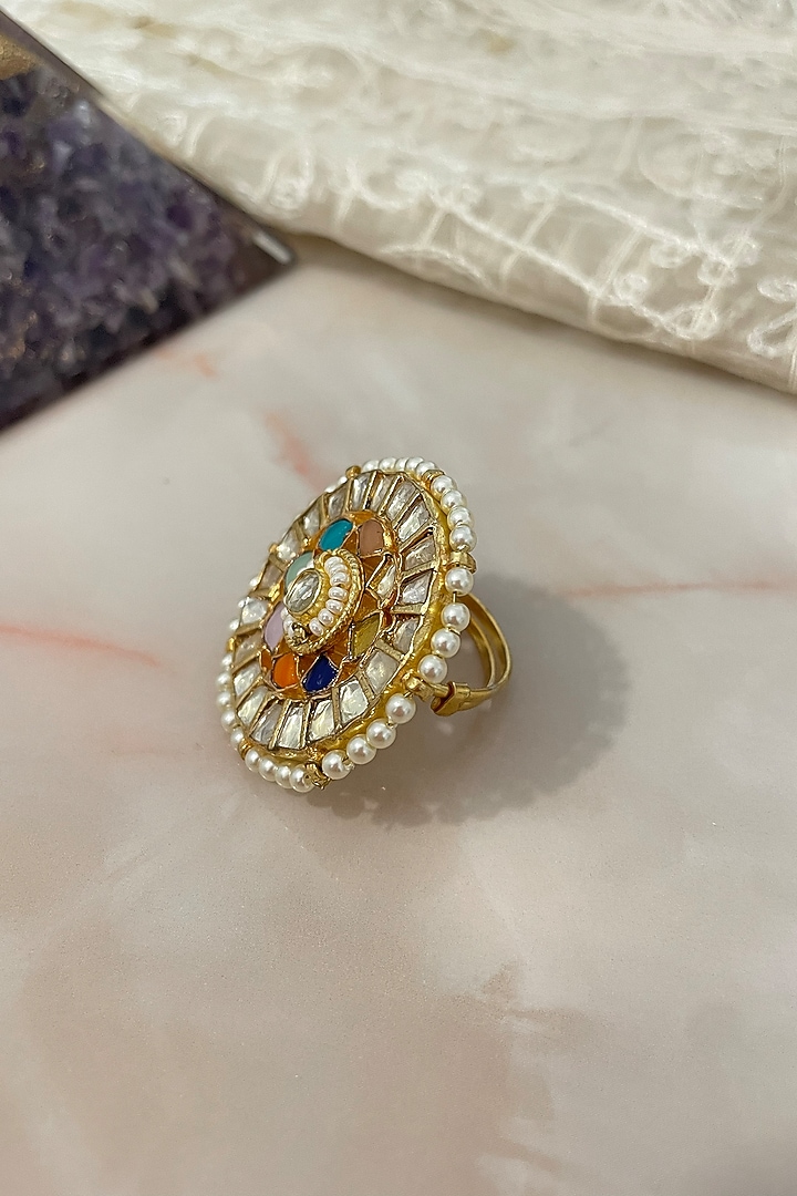 Gold Finish Kundan Polki & Pearl Openable Ring by Autumn Poppy at Pernia's Pop Up Shop