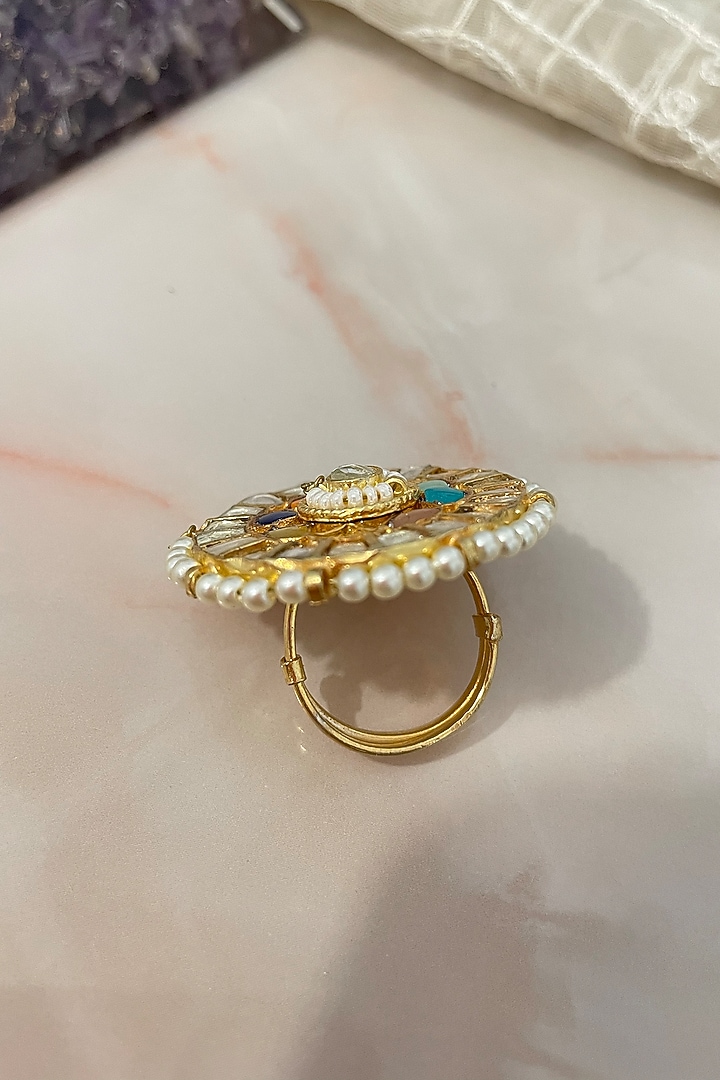 Gold Finish Kundan Polki & Pearl Openable Ring by Autumn Poppy at Pernia's Pop Up Shop
