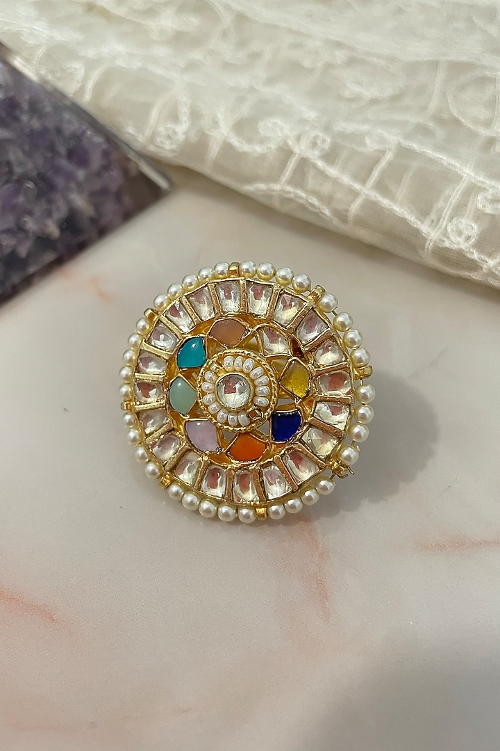 Gold Finish Kundan Polki & Pearl Openable Ring by Autumn Poppy at Pernia's Pop Up Shop