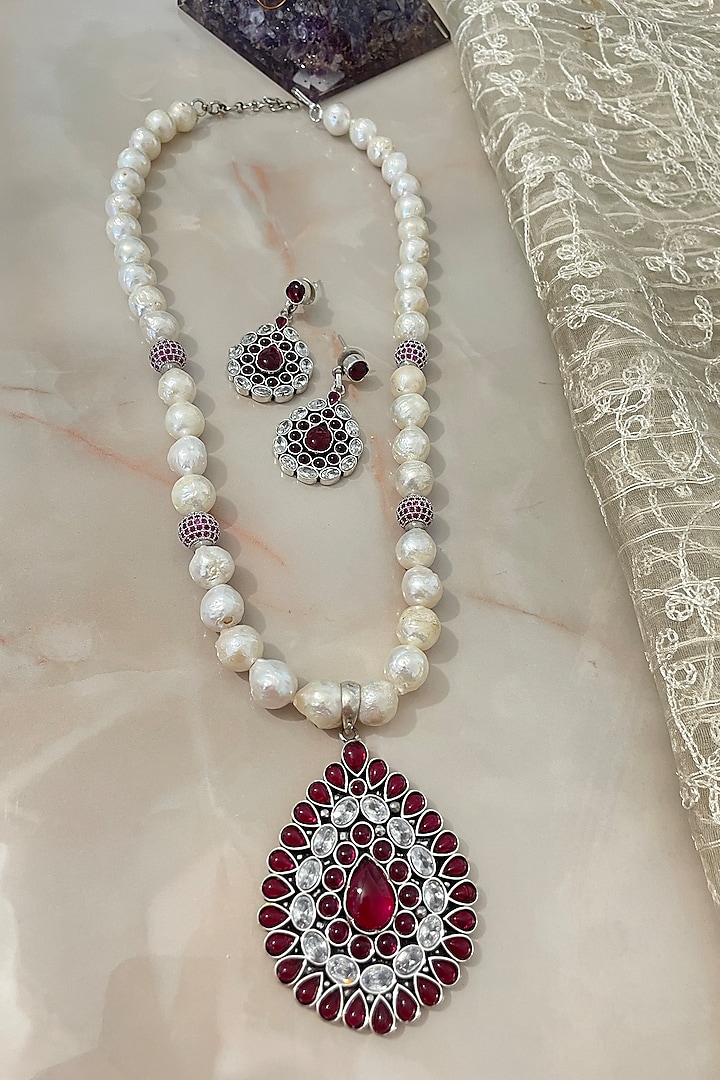 White Finish Ruby & Pearl Long Necklace Set by Autumn Poppy at Pernia's Pop Up Shop