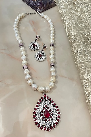 White Finish Ruby & Pearl Long Necklace Set by Autumn Poppy