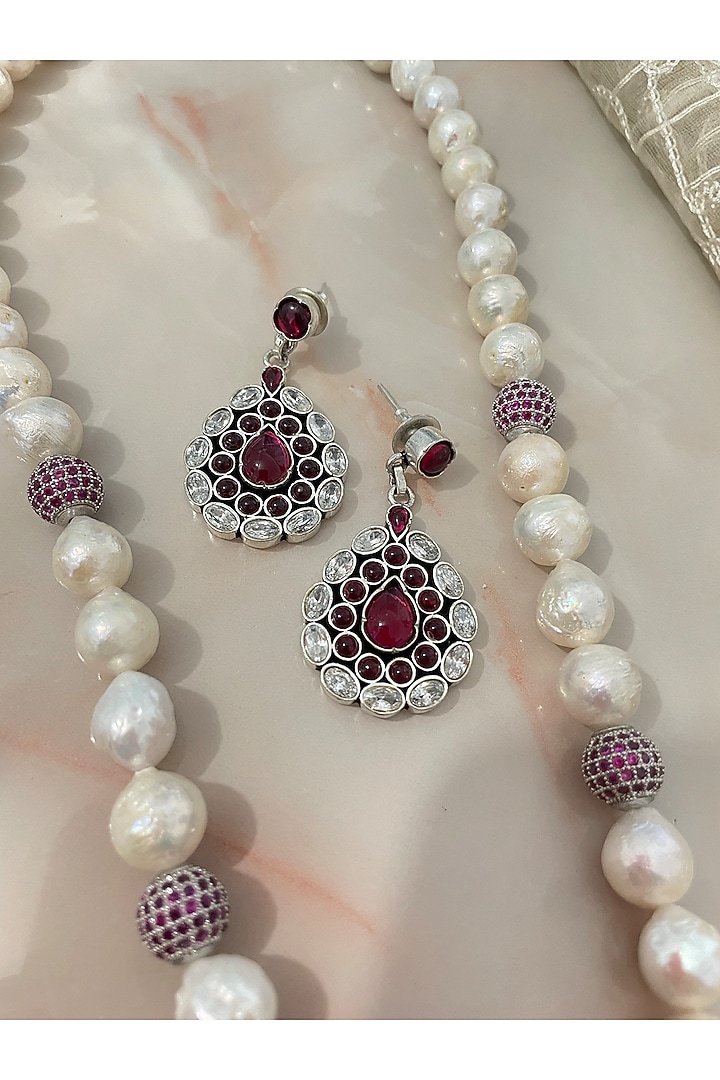White Finish Ruby & Pearl Long Necklace Set by Autumn Poppy at Pernia's Pop Up Shop