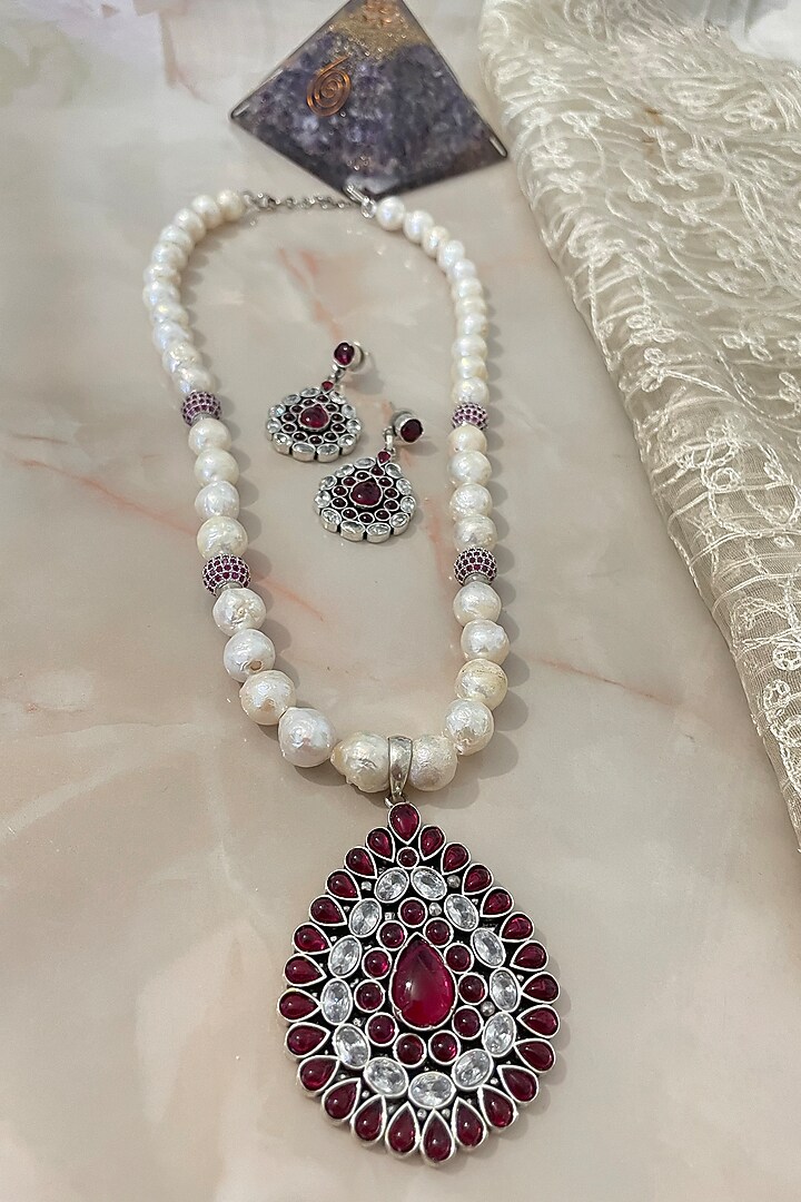 White Finish Ruby & Pearl Long Necklace Set by Autumn Poppy at Pernia's Pop Up Shop