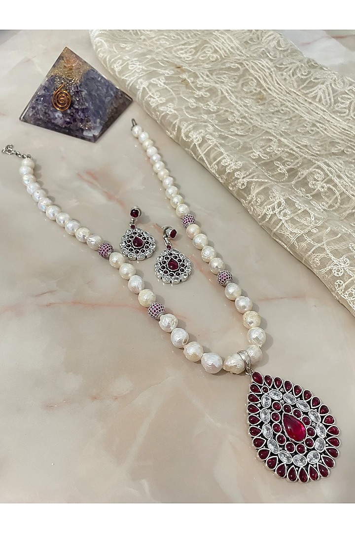 White Finish Ruby & Pearl Long Necklace Set by Autumn Poppy at Pernia's Pop Up Shop