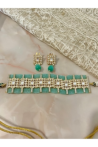 White Finish Gemstone & Aqua Beaded Choker Necklace Set by Autumn Poppy