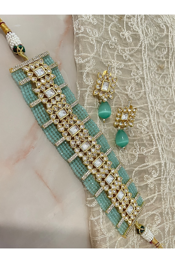 White Finish Gemstone & Aqua Beaded Choker Necklace Set by Autumn Poppy at Pernia's Pop Up Shop